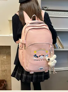 Mochila escolar japonesa de estilo dulce para estudiantes, gran bolso rosa con bonito bordado.