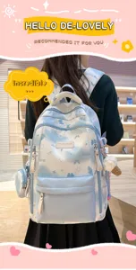Süßer ästhetischer Rucksack mit großem Fassungsvermögen für Mädchen hellblau bedruckt