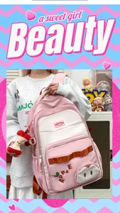 Mochila escolar rosa de gran capacidad con lindo colgante de manzana y bolsillo frontal.