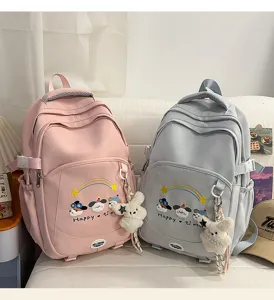 Mochila estilo colegial japonés de gran capacidad para estudiantes, rosa y gris azulado.