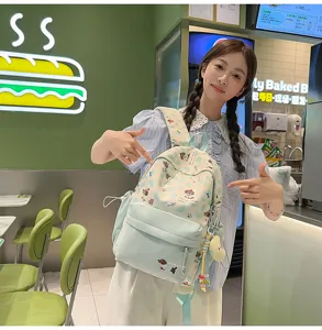 Süßer japanischer Canvas-Rucksack für Mädchen, frischer hellblauer Rucksack mit niedlichem Hundemotiv.