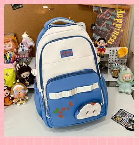 Gran capacidad mochila de doble hombro para estudiantes, bolsa escolar azul y blanca.