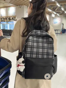 Mochila escolar de cuadros negro y gris clasica gran capacidad para estudiantes