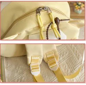 Close-up detail view of the cute yellow canvas backpack featuring smooth zippers and adjustable straps.