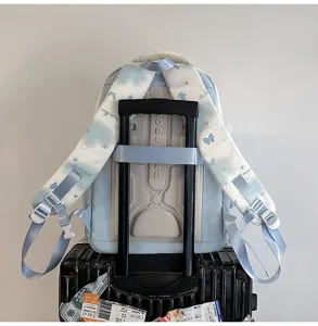 Detailansicht des hellblauen Schülerrucksacks mit atmungsaktiven Gurten und Kofferriemen.