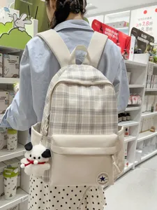 Mochila Escolar de Cuadros de Lona Viaje Casual con Colgante de Cachorro para Estudiantes