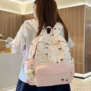 Süßer rosa Leinwand Rucksack für Damen und Studenten mit Hundemuster und Vordertasche.