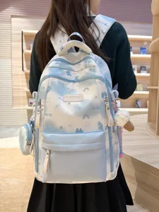 Große Kapazität Nylon Rucksack Für Teenager Schultasche Ins Stil Druck Lässig Reisen Tagesrucksack Mit Süßen Anhängern