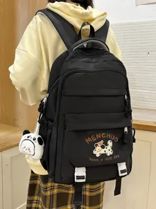 Schwarzer Rucksack mit Hunderüsche, mehrere Fächer, lässige Alltagstasche für Schüler im Alltag.