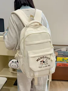 Freizeitreiserucksack aus Canvas für Studenten, niedliches Hundebestickungsdesign, beige.