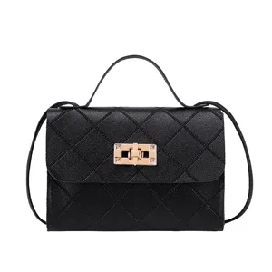 Sac bandoulière noir matelassé en cuir PU avec poignée et fermoir chic pour femmes.