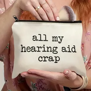 Canvas zipper cosmetic storage bag with funny text print, portable makeup pouch for daily use.