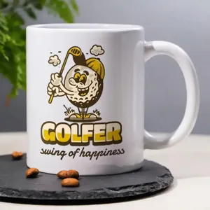 Dettaglio tazza da caffe in ceramica, tazza stampata a tema golf per ufficio o cucina.