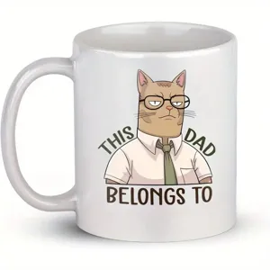 Kaffeebecher Detailansicht, lustiger Katzen-Druck, weiße Keramiktasse mit Henkel, Büro Tasse.