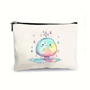 Cute canvas zipper makeup bag and pencil case with pastel watercolor character print.