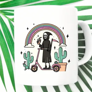 Tazza da caffè in ceramica bianca divertente con stampa mietitore monopattino ufficio giorno.