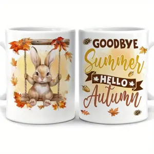 Taza de café de cerámica con conejito de otoño y texto estacional, ideal para la oficina.