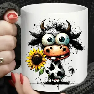 Tazza da caffe in ceramica per ufficio con dettaglio di disegno di mucca e girasole divertente.