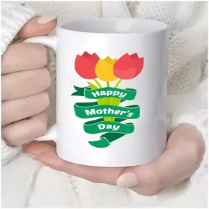Tazza da caffe in ceramica bianca con stampa tulipano festa della mamma, ideale regalo ufficio.