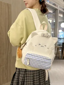 Cute cartoon canvas backpack for girls stylish casual school bag with cat ears and plaid pocket
