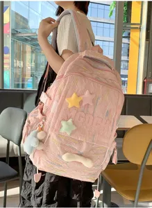Japanese style cute pink casual backpack with plush stars embroidery aesthetic school bag