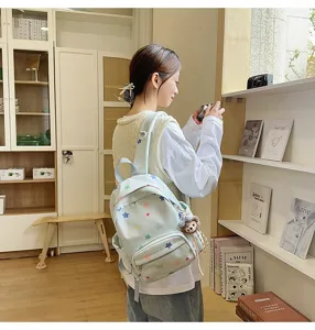 Detalles de mochila bonita estilo coreano con estrellas, gran bolso escolar para estudiantes.