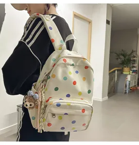 Mochila informal de lona con lunares de colores, gran bolsa escolar para chicas jovenes