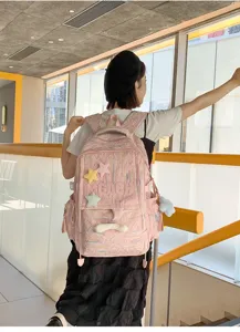 Japanese ins style casual pink backpack for women, cute star charms, versatile school book bag.