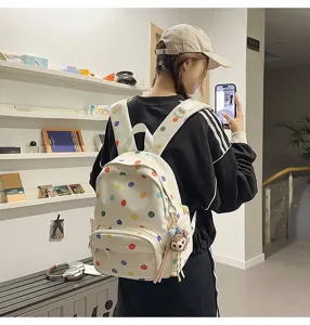 Mochila de lona con lunares estilo coreano lindo para estudiantes bolso escolar con colgante