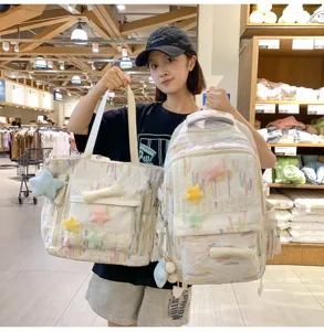 Japanese ins style casual backpack tote bag set, cute colorful doodle design with plush charms.