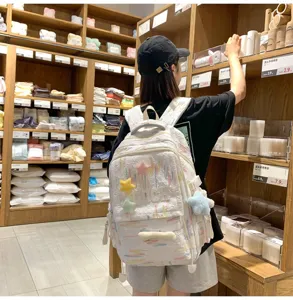 Detail view of a Japanese style casual backpack with colorful abstract prints and plush stars.