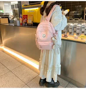 Cute pink quilted school backpack for teen girls sweet style soft student double shoulder bag