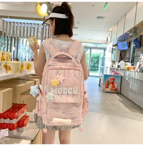 Japanese ins-style casual pink backpack with cute plush stars, stylish school bag for students.