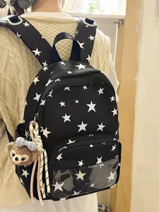 Mochila escolar de lona con estampado de estrellas estilo coreano con bolsillo transparente y oso.