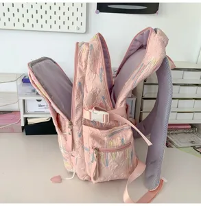 Pink ins style casual backpack with colorful embroidery design for daily school and outdoor travel