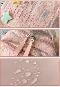 Pink casual backpack detail close-up showing embossed texture, waterproof fabric and zipper.
