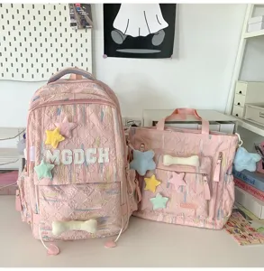 Japanese style cute pink backpack set for school casual daily wear with plush stars aesthetic