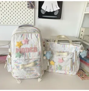 Japanese ins style casual backpack and handbag set, cute star decor, fashion school bag.