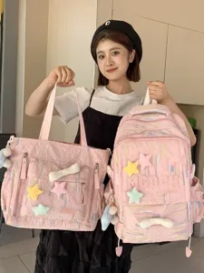 Japanese ins style pink casual backpack and tote bag set for daily school and travel