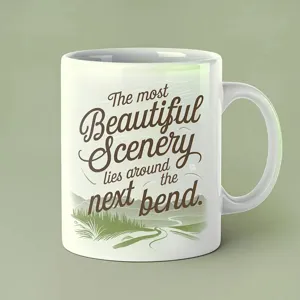 Weisse Keramik Kaffeetasse mit inspirierendem Landschaftsspruch, ideal fuer das Buero.