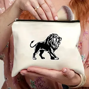 Bolsa de maquillaje de lona con estampado de león neceser con cremallera organizador de viaje
