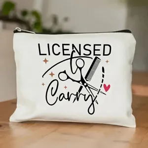 Bolsa de maquillaje con cremallera de lona blanca con lindo estampado de herramientas.