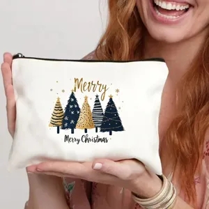 Bolsa de maquillaje de lona blanca con estampado de árbol de Navidad estuche con cremallera