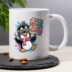Weißer Keramik Kaffeebecher mit coolem Pinguin Motiv, ideal für Büro und den Alltag.