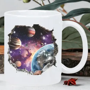 White ceramic coffee mug featuring a 3D space galaxy planet design for office use.