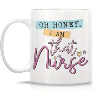 White ceramic coffee mug with funny nurse quote print, perfect for office and daily use.
