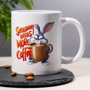 White ceramic coffee mug with cute cartoon rabbit print for office drinking use daily cup new