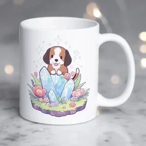Cute cartoon puppy ceramic coffee mug, lovely crystal floral print office drinkware detail view