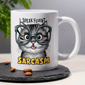 Close-up of white ceramic coffee mug with cute cat graphic and funny sarcasm text detail.
