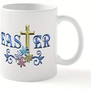 Weißer Keramik Kaffeetasse mit Osterkreuz und Blumenmuster, ideal für Büro und Alltag.